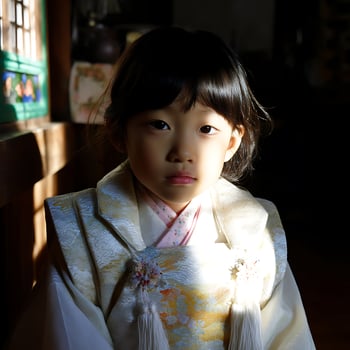 Portrait of a Young Girl in Traditional Japanese Kimono, Bathed in Sunlight. photo
