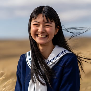 Happy Japanese Schoolgirl in a Field, Smiling Portrait. photo