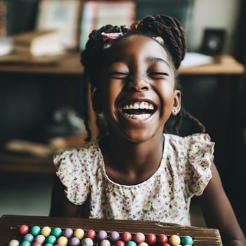 Joyful African American Girl Playing with Colorful Counting Beads. A close up portrait of a child's exuberant laughter while engaged in learning. photo
