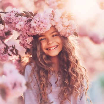 Happy Girl in a Flower Crown, Springtime Portrait. photo