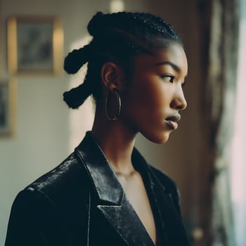 Pensive Portrait of a Young Woman with Braids, Wearing a Velvet Blazer. photo