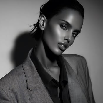 Monochrome Portrait of a Woman in a Herringbone Jacket. A striking close up image of a fashionable female model. photo