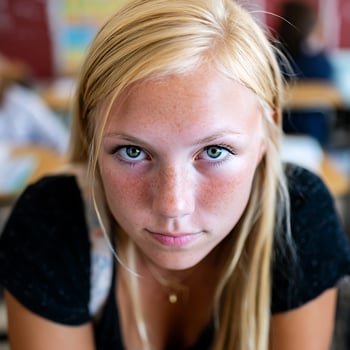 Close Up Portrait of a Teenage Girl with Freckles and Blonde Hair. A high-resolution image ideal for magazine covers, websites, and advertising. photo