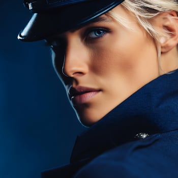 Close Up Portrait of a Woman in a Military Cap, Mysterious and Strong. photo