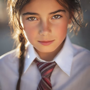 Portrait of a Young Girl in a White Shirt and Tie, Sunlight Illuminating Her Face. photo