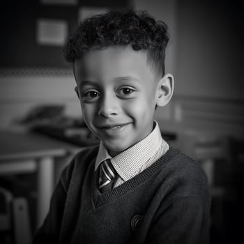 Portrait of a smiling schoolboy in his uniform. A black and white close up image of a young boy. photo