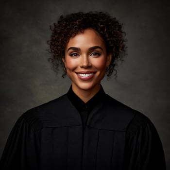 Portrait of a Smiling Young Woman in a Black Judicial Robe. photo