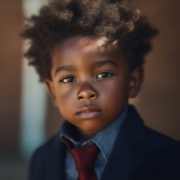 Portrait of a Young Boy in a Suit, Serious Expression. A close up image showing the details of a child's face and attire. photo
