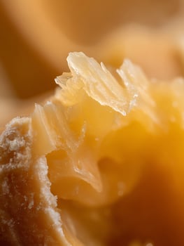 Extreme close up of a broken caramel candy, revealing its texture and golden color. photo