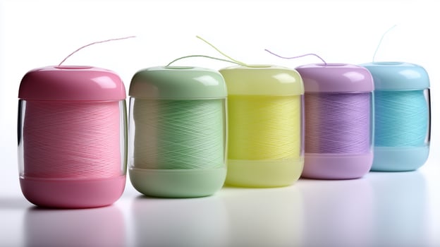 Colorful dental floss containers arranged on a white background for personal care and oral hygiene photo
