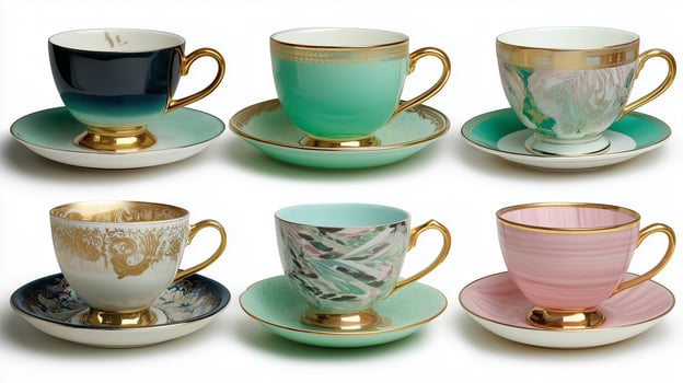 Elegant tea cups and saucers set on white background showcasing vintage designs and vibrant colors photo
