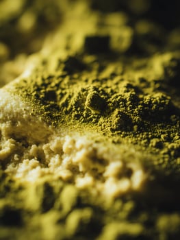Close Up of Matcha Powder on Creamy Dessert, Culinary Texture. photo