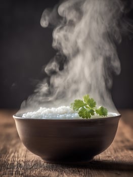 Steaming Bowl of Rice with Fresh Cilantro on Rustic Wooden Table. A close up shot of a delicious and healthy meal. photo