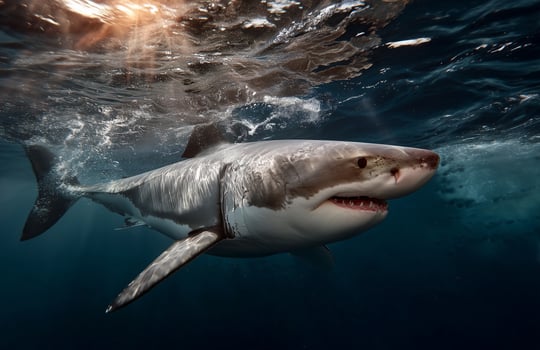 Great white shark glides through deep ocean waters with dramatic illumination photo