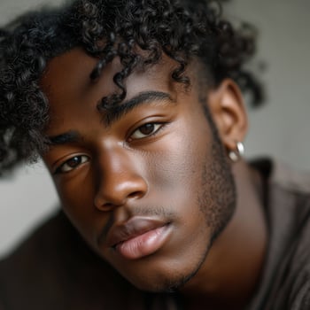 Portrait of a young Black man with natural hair in soft lighting against a white background photo