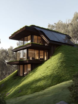 Modern eco friendly hillside home with green roof and solar panels. photo