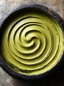 Swirled Matcha Paste in a Dark Bowl, Close Up Food Photography. photo