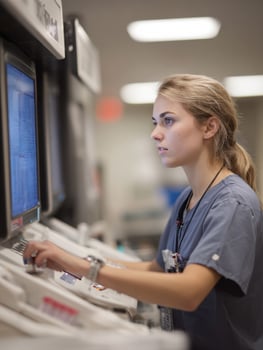 Vet Technician Reviews Blood Test Results at Digital Screen in Clinic Environment During Daytime photo