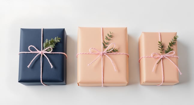 Three gift boxes with pink and blue ribbon tied to them photo
