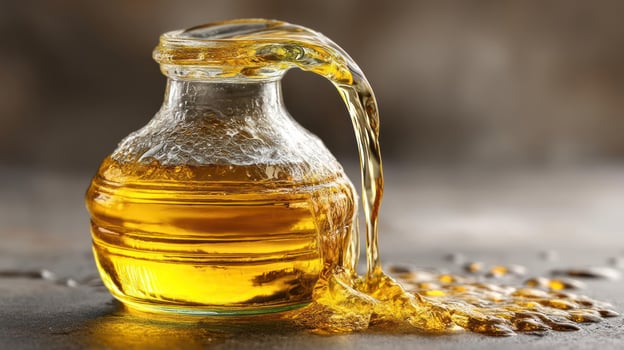 Honey pouring from glass jar, golden liquid, close-up photo