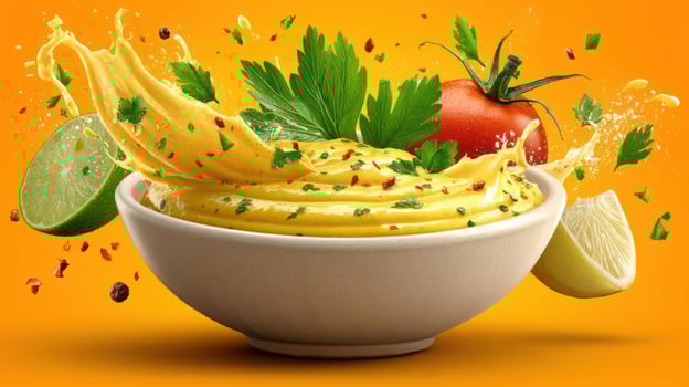Vibrant spicy dip with lime and herbs, splash effect. photo