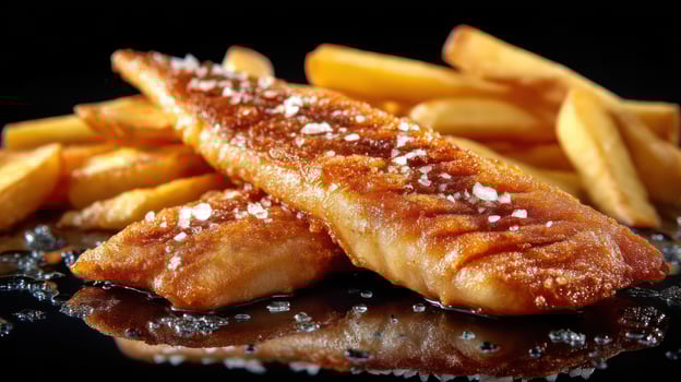 Crispy fried fish with golden fries, sprinkled with salt. photo