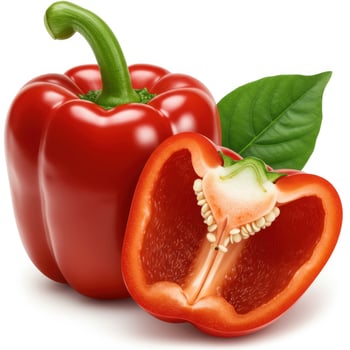Vibrant red bell pepper halved with a whole pepper and green leaf on white background photo