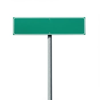 Blank green road sign mounted on a metal pole against a white background photo