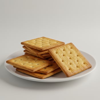 A stack of golden square crackers with perforations on a white plate photo