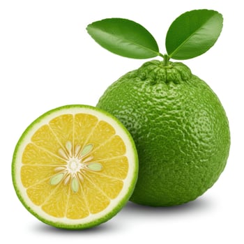 Vibrant green citrus fruit with two fresh leaves and a juicy half slice photo