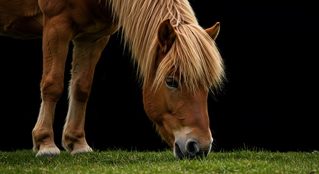A horse with long hair grazing on grass photo