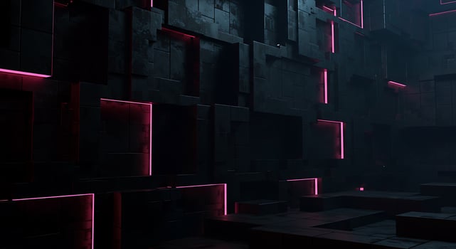 A dark room with pink lights and black walls photo
