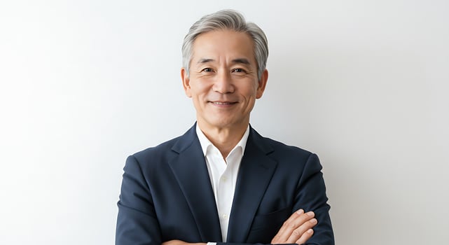 An asian man in a suit and tie standing with his arms crossed photo