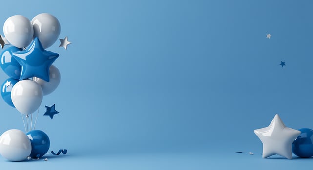 Blue and white balloons with stars and balloons on a blue background photo