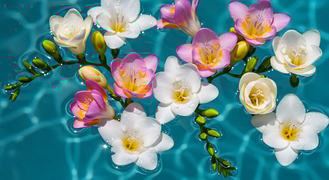 A bunch of flowers floating in a pool of water photo