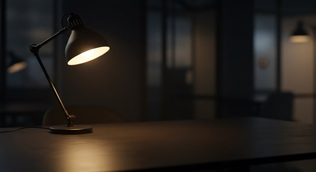 A desk lamp is on a table in a dark room photo