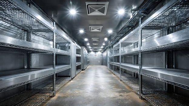 Empty industrial refrigerator showing metal shelves and air conditioning system photo