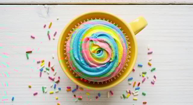 A cupcake with rainbow frosting in a yellow cup photo