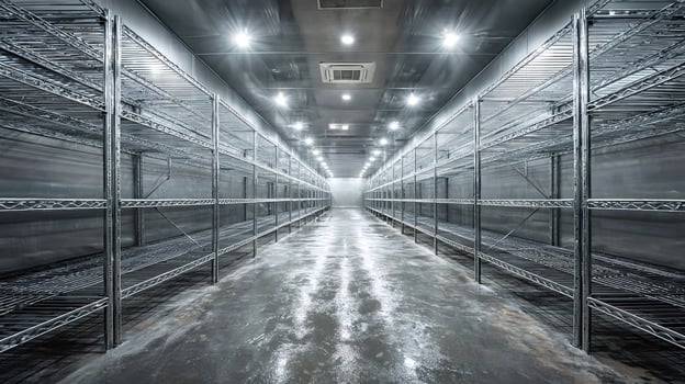 Empty industrial refrigerator with metal shelves awaiting stock photo