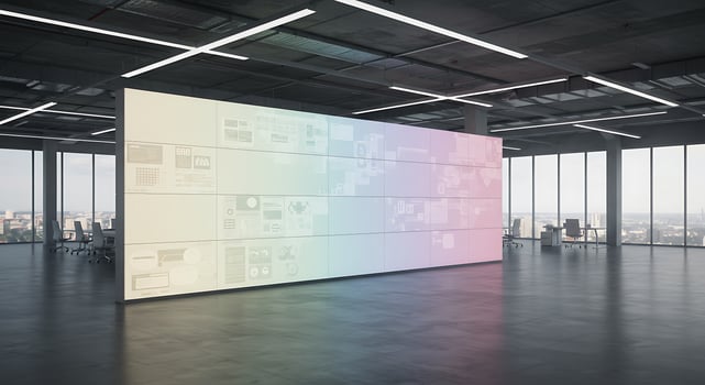 A large wall with a colorful display in an office photo