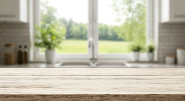 Wooden table top in front of kitchen with view of green lawn photo