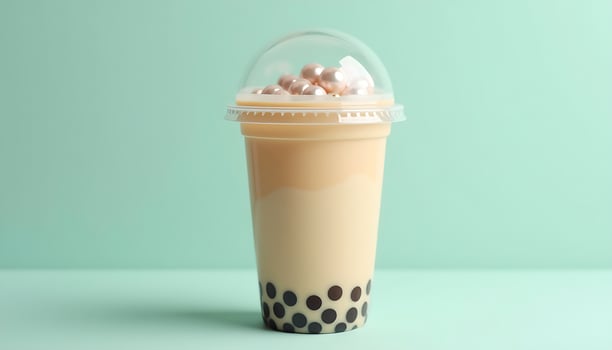 Delicious Boba Tea with Pearl Topping in Plastic Cup photo