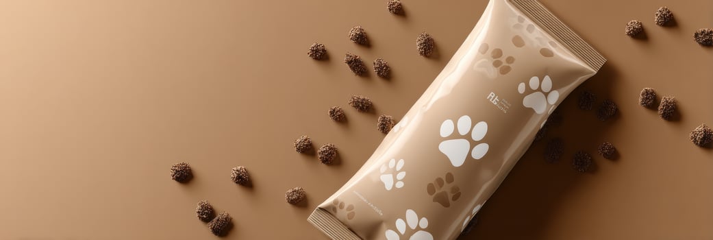 Stylized Pet Food Package Design Featuring Paw Prints and Branding Space on a Beige Background photo