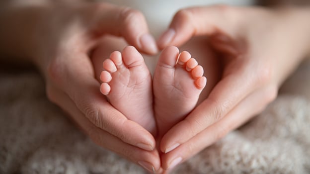 A woman's hands are holding a baby's feet photo
