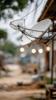 A satellite dish is hanging from a power line photo