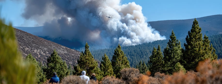 A plane flies over a forest with smoke billowing from it photo