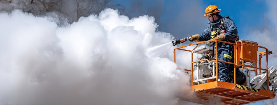A man in a hard hat spraying water on a large cloud photo