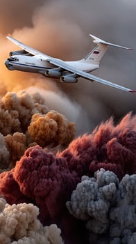 A large airplane flying over a cloud of smoke photo