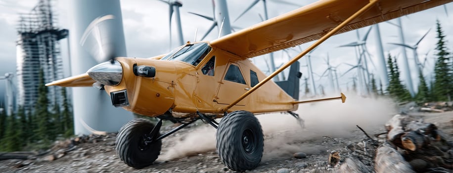 A small airplane is driving on the dirt road near wind turbines photo