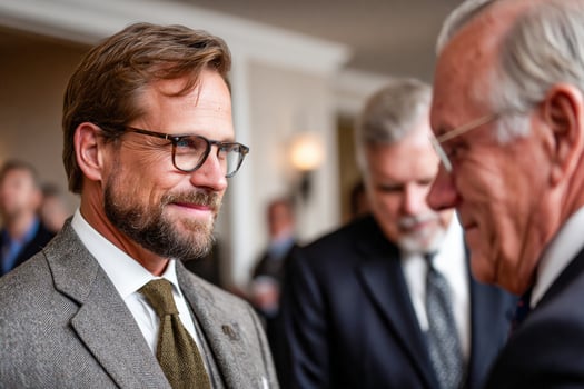 A man with glasses and a suit talking to another man photo